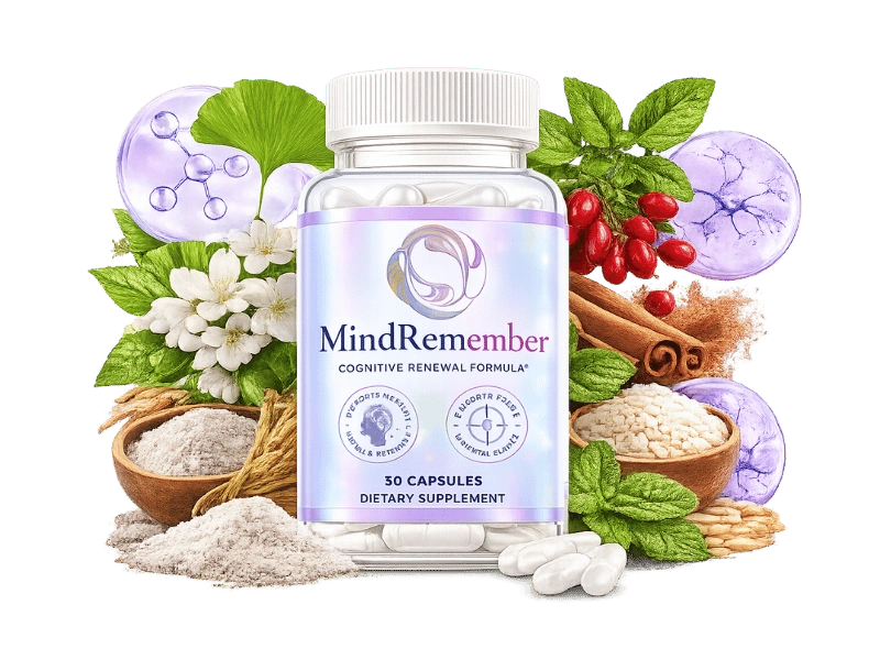MindRemember supplement bottle – natural 7-ingredient brain health formula for memory recall, mental focus, and cognitive clarity