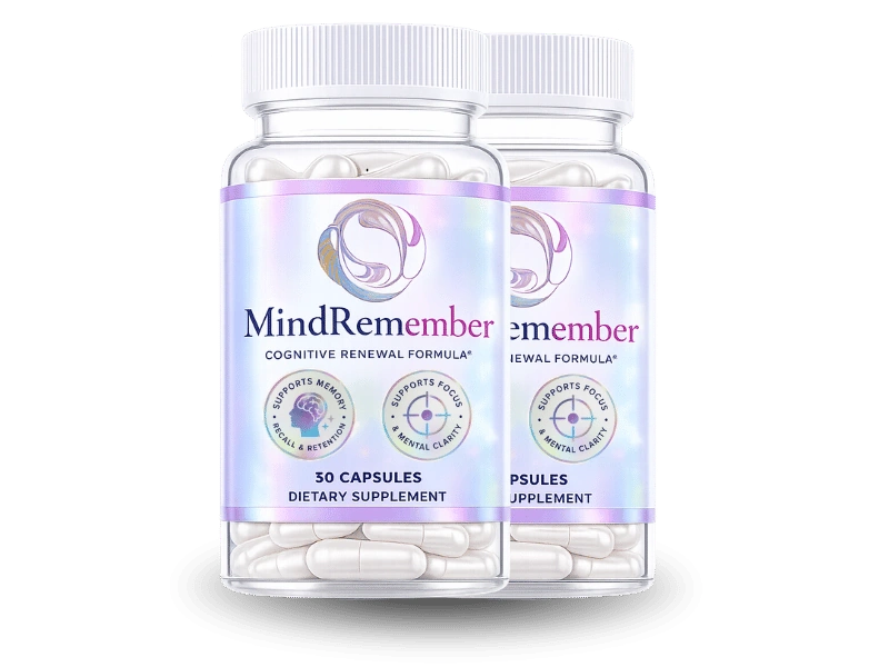 MindRemember 2-bottle starter pack illustrating key benefits: sharp memory, mental clarity, sustained focus, brain fog elimination, and neuroprotection