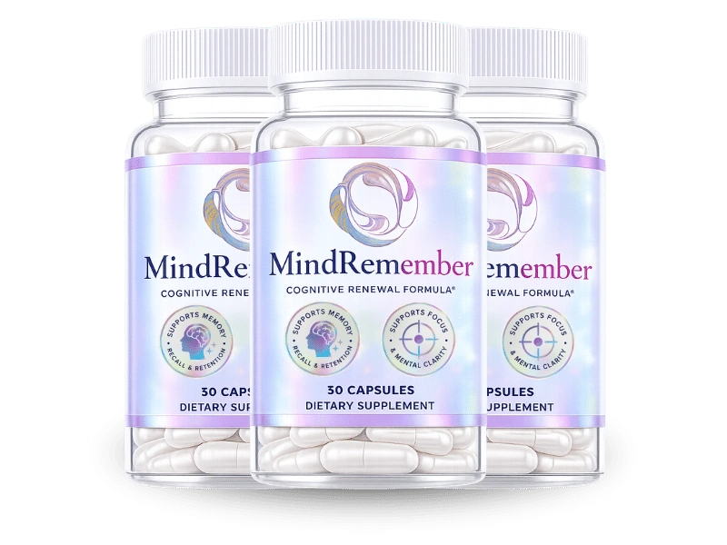 MindRemember 3-bottle pack showing 7 natural neuroactive ingredients chosen for cerebral circulation, neurotransmitter support, neuronal energy, and brain cell protection